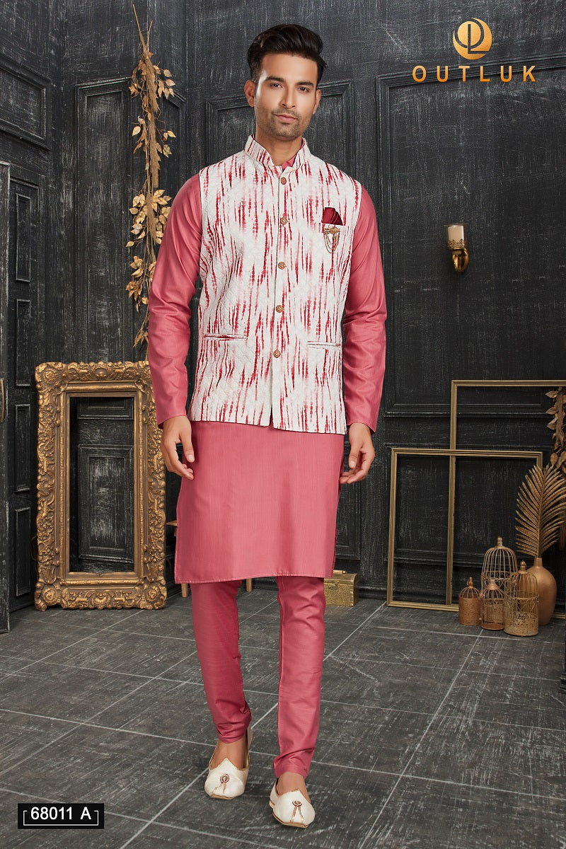 Pink Cotton Mens Kurta Pajama with Jackets 68011 A