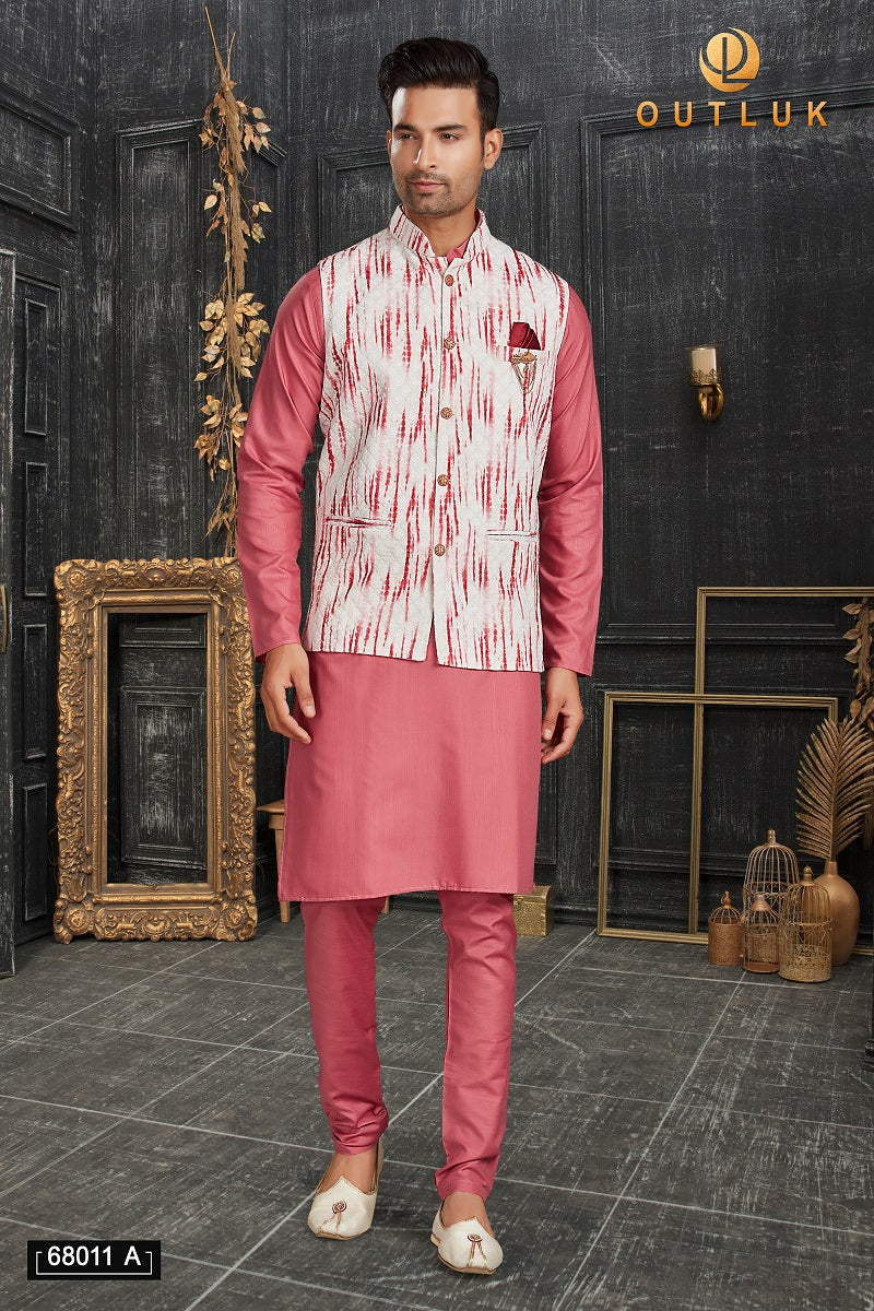 Pink Cotton Mens Kurta Pajama with Jackets 68011 A