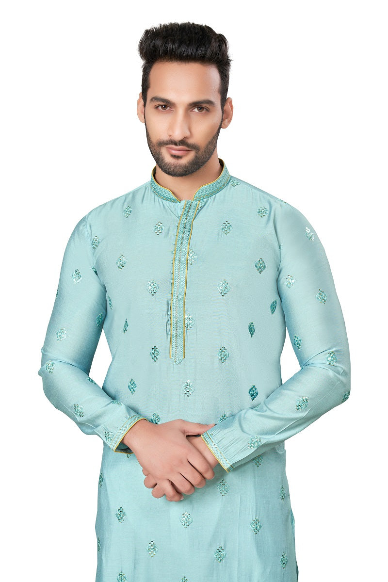 Green Cotton Silk Mens Kurta Pajama 128006