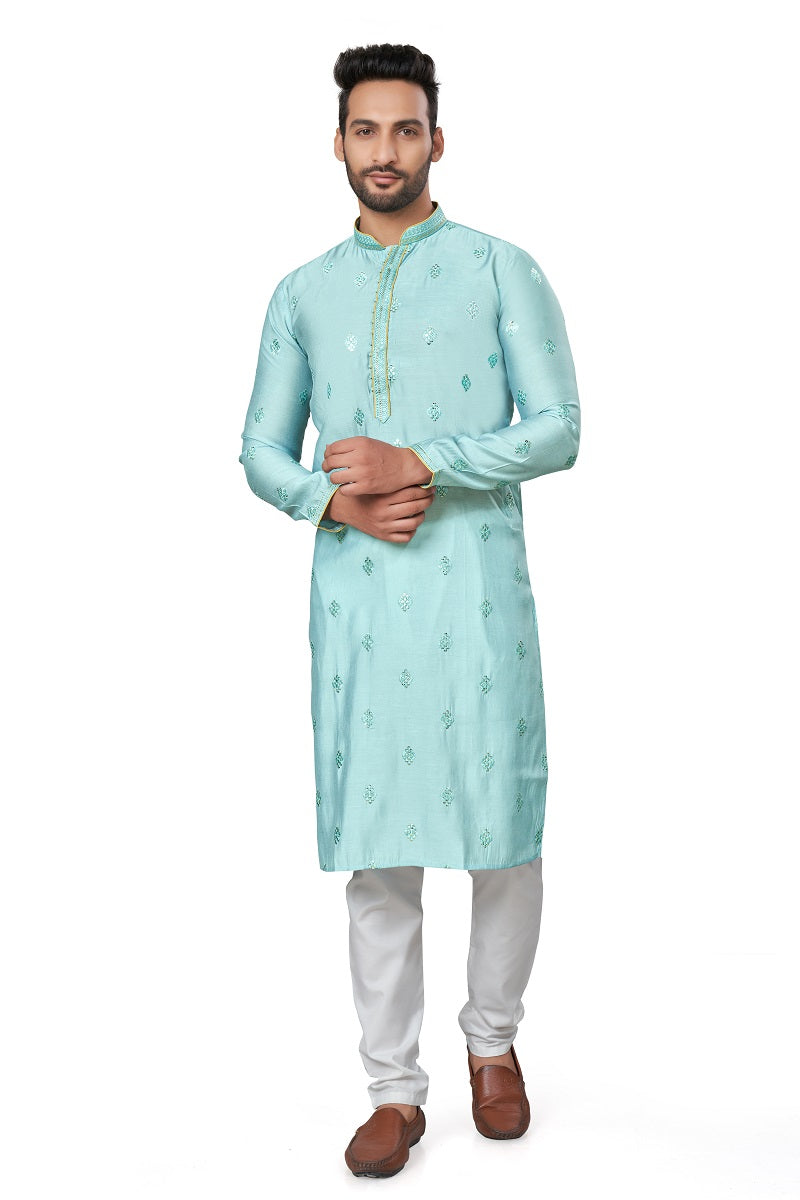 Green Cotton Silk Mens Kurta Pajama 128006