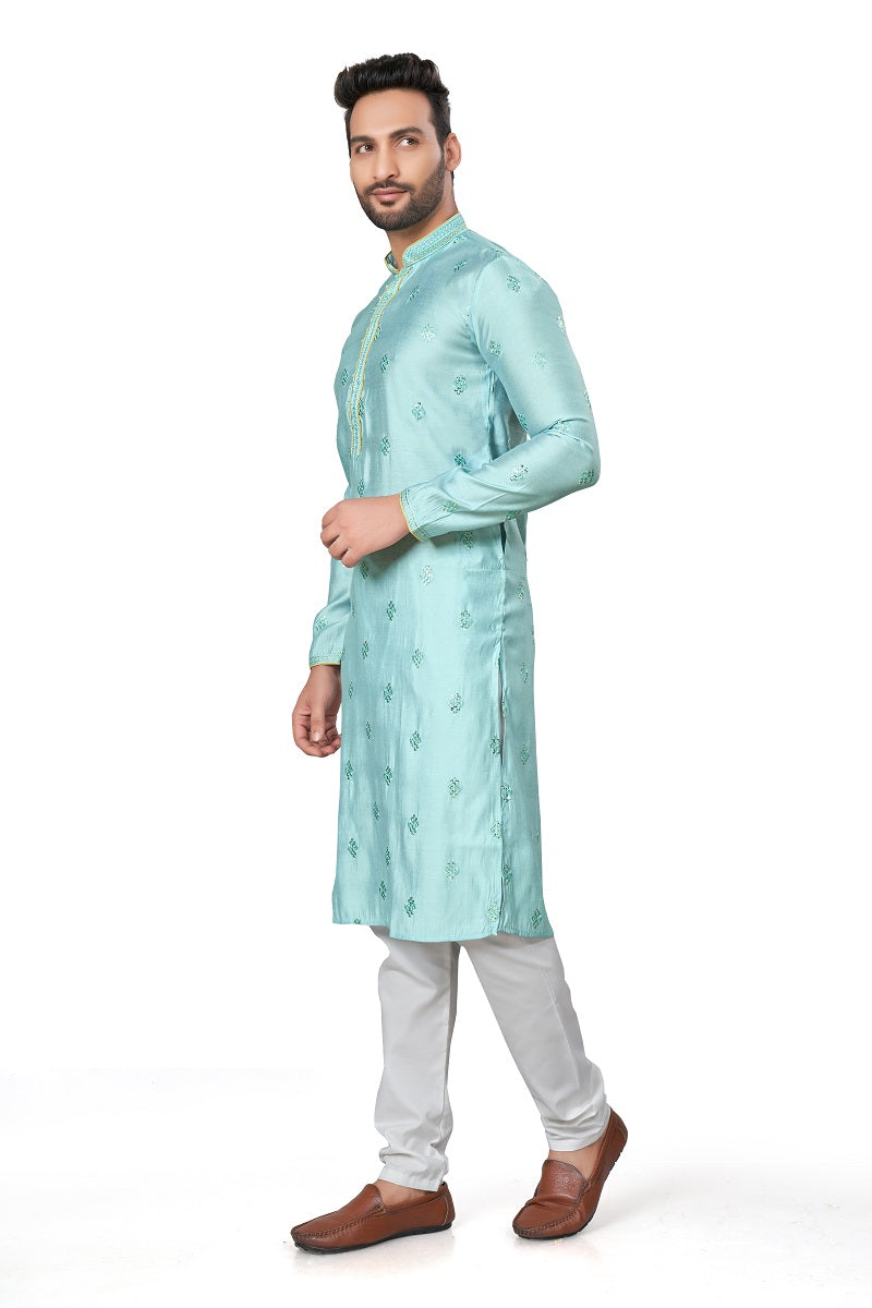 Green Cotton Silk Mens Kurta Pajama 128006