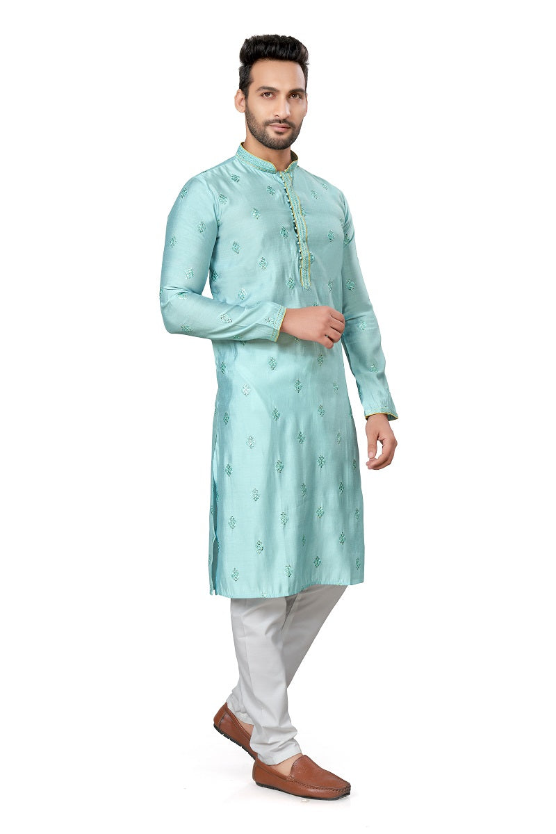 Green Cotton Silk Mens Kurta Pajama 128006