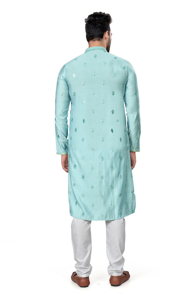 Green Cotton Silk Mens Kurta Pajama 128006