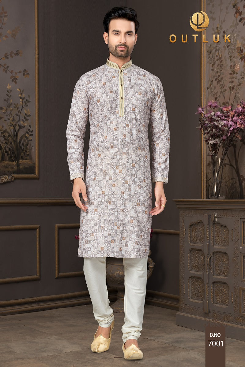 Cream Base Multi Cotton Mens Kurta Pajama 7001