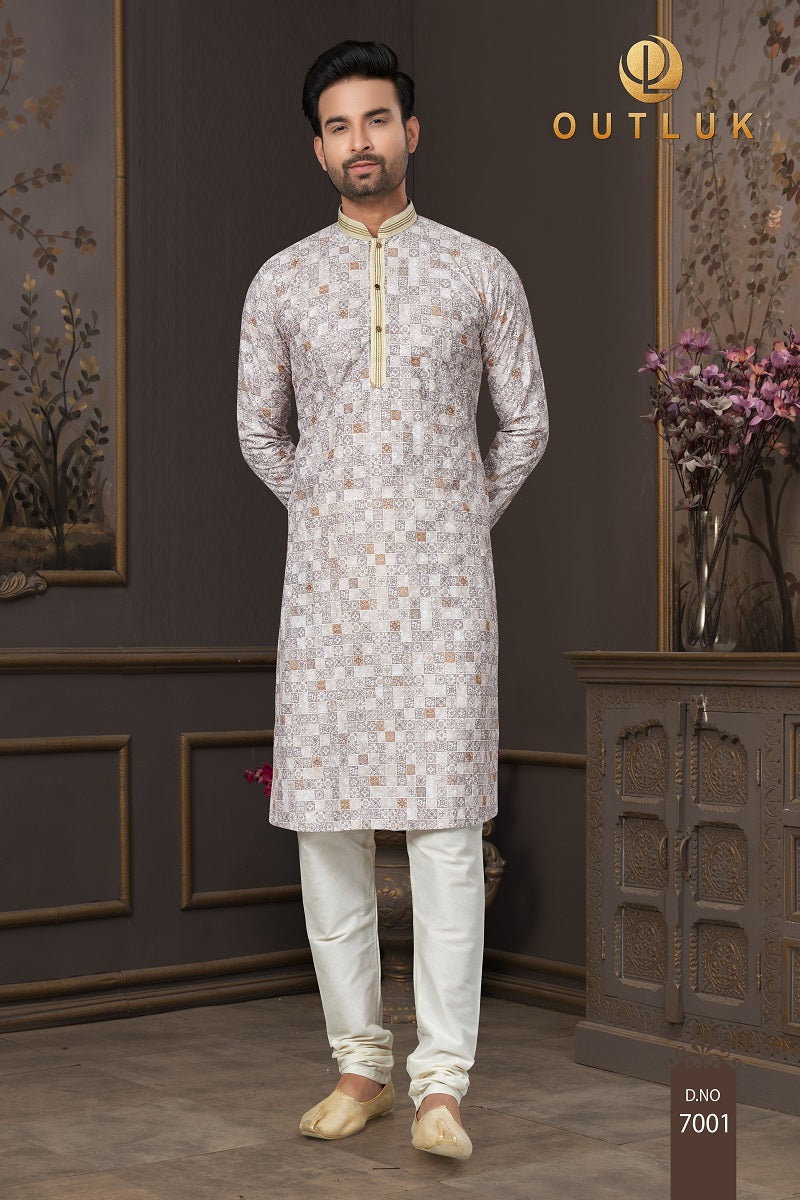 Cream Base Multi Cotton Mens Kurta Pajama 7001