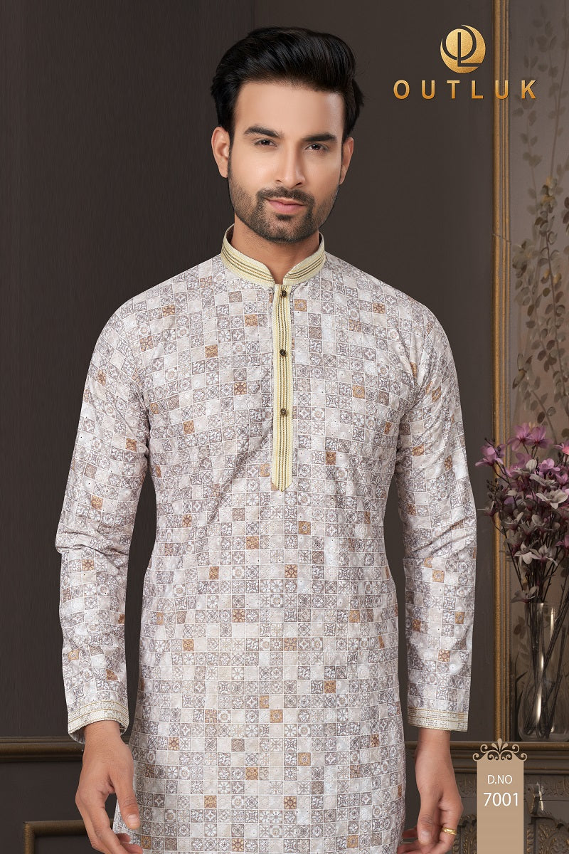 Cream Base Multi Cotton Mens Kurta Pajama 7001