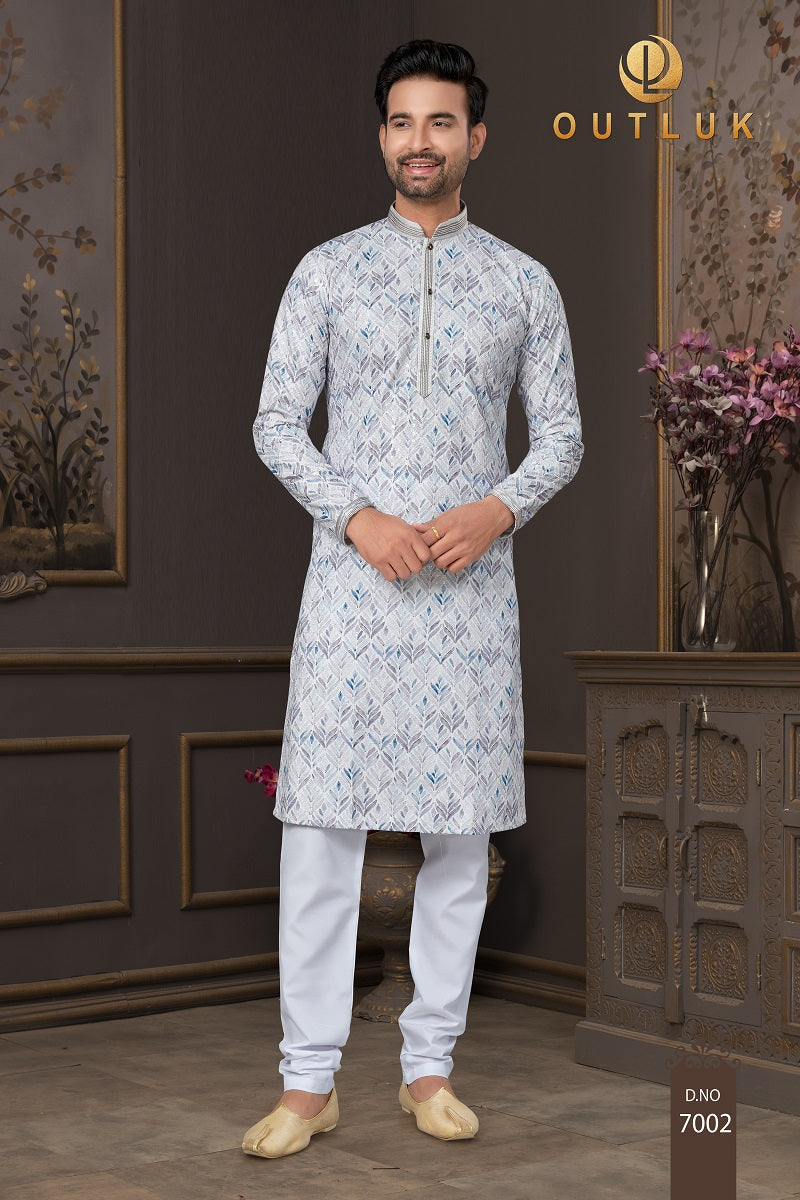 White Multi Cotton Mens Kurta Pajama 7002