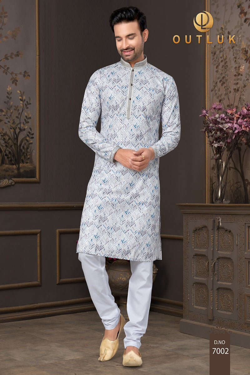 White Multi Cotton Mens Kurta Pajama 7002