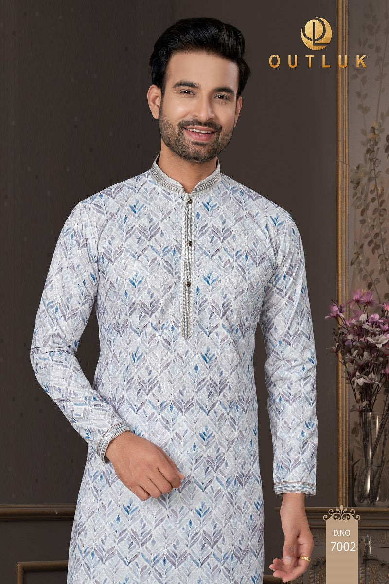 White Multi Cotton Mens Kurta Pajama 7002