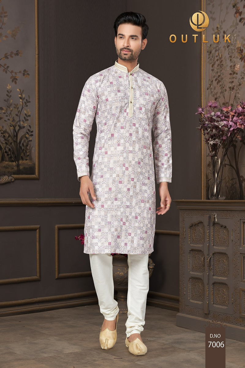 Gray White Cotton Mens Kurta Pajama 7006