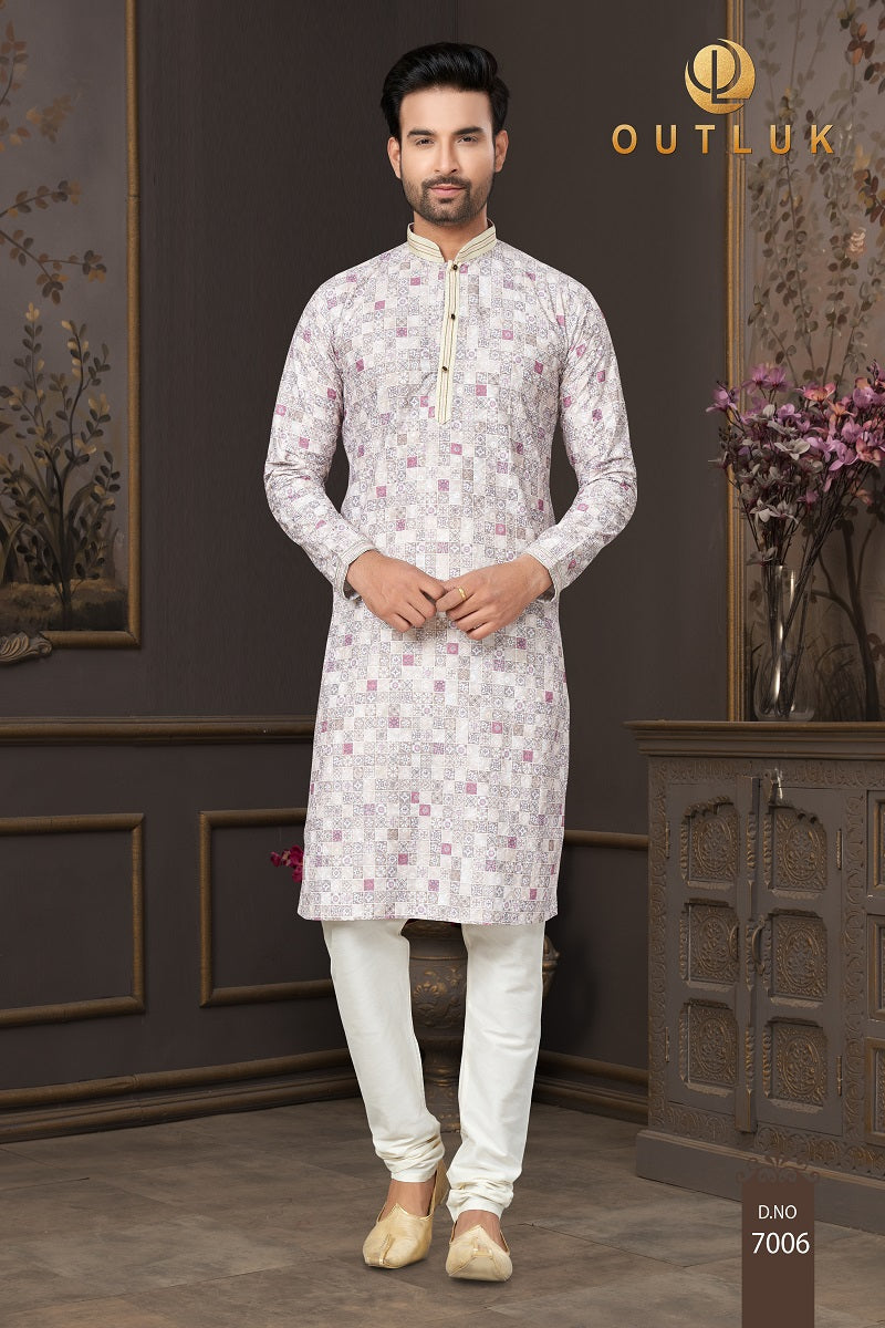 Gray White Cotton Mens Kurta Pajama 7006