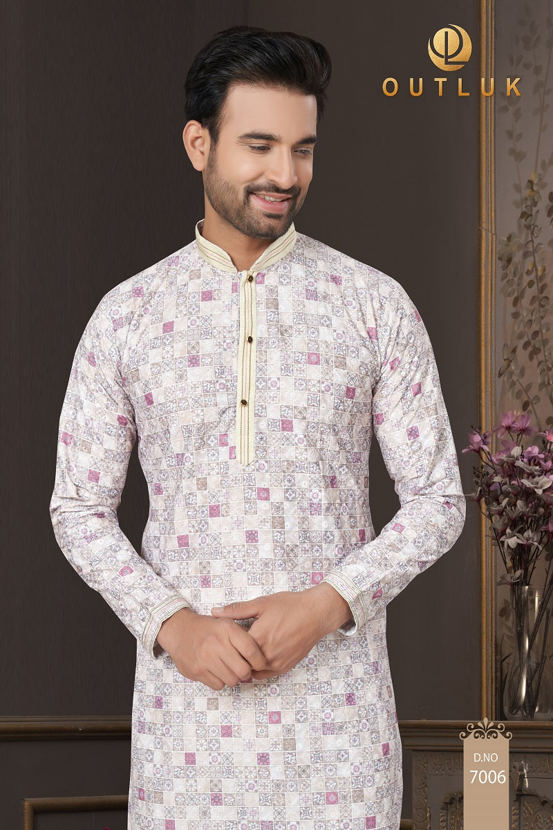 Gray White Cotton Mens Kurta Pajama 7006