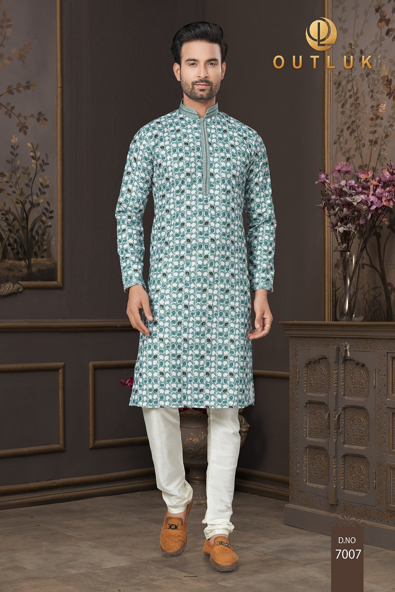 Green Cotton Mens Kurta Pajama 7007