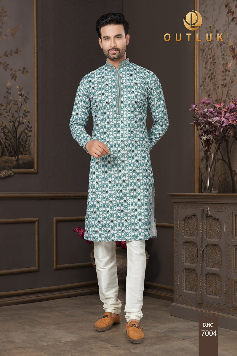 Green Cotton Mens Kurta Pajama 7007