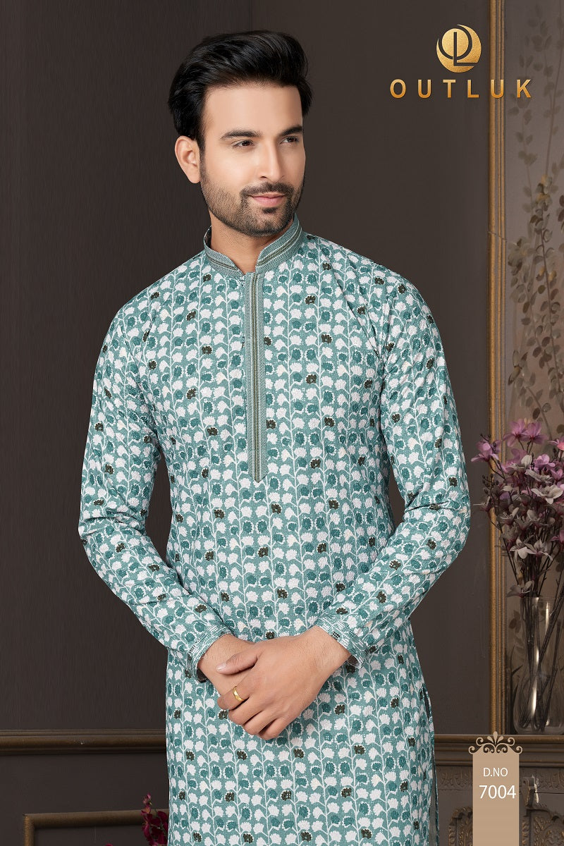 Green Cotton Mens Kurta Pajama 7007