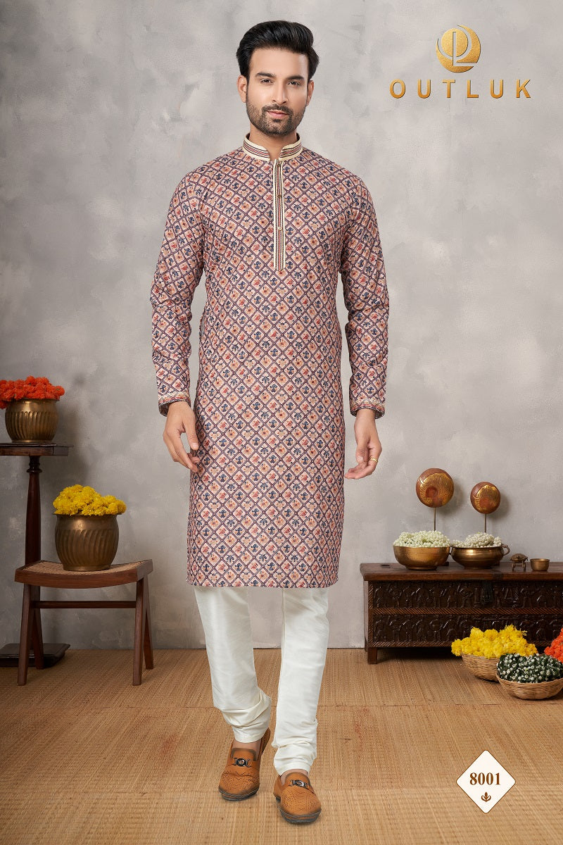 Multi Cotton Mens Kurta Pajama 8001