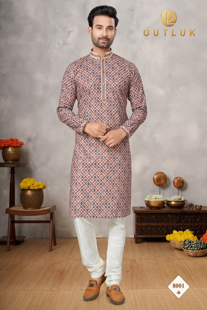 Multi Cotton Mens Kurta Pajama 8001