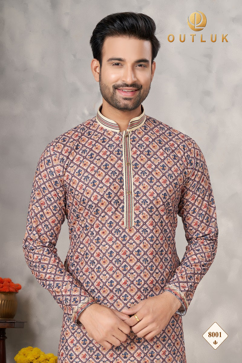 Multi Cotton Mens Kurta Pajama 8001