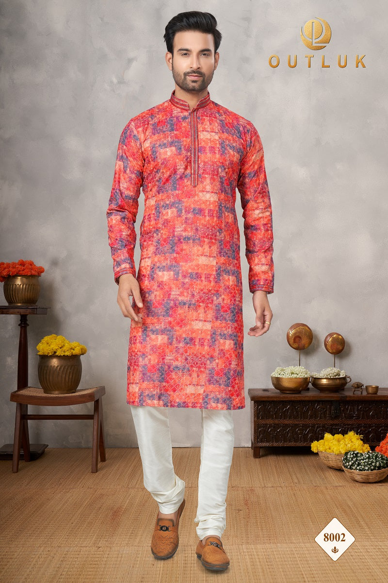 Red Orange Cotton Mens Kurta Pajama 8002