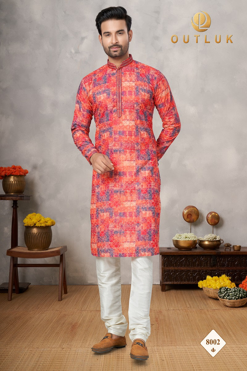 Red Orange Cotton Mens Kurta Pajama 8002