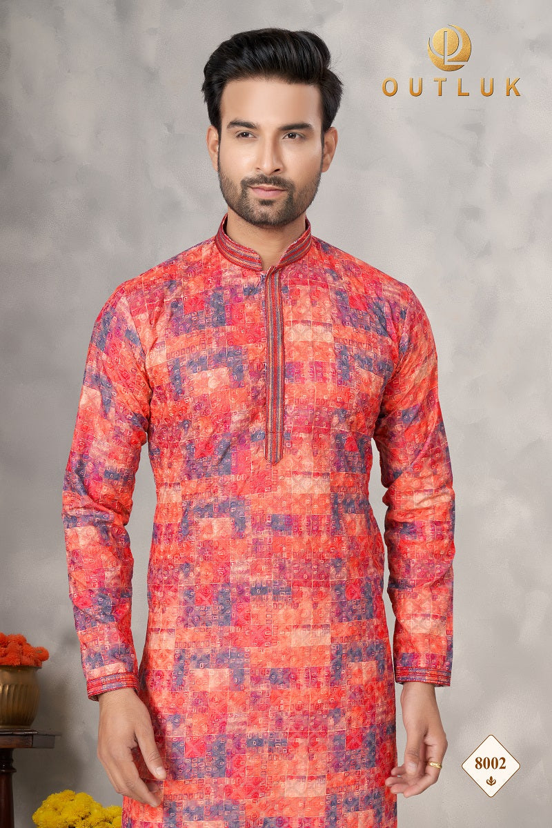 Red Orange Cotton Mens Kurta Pajama 8002