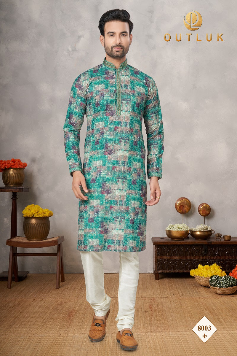 Green Cotton Mens Kurta Pajama 8003