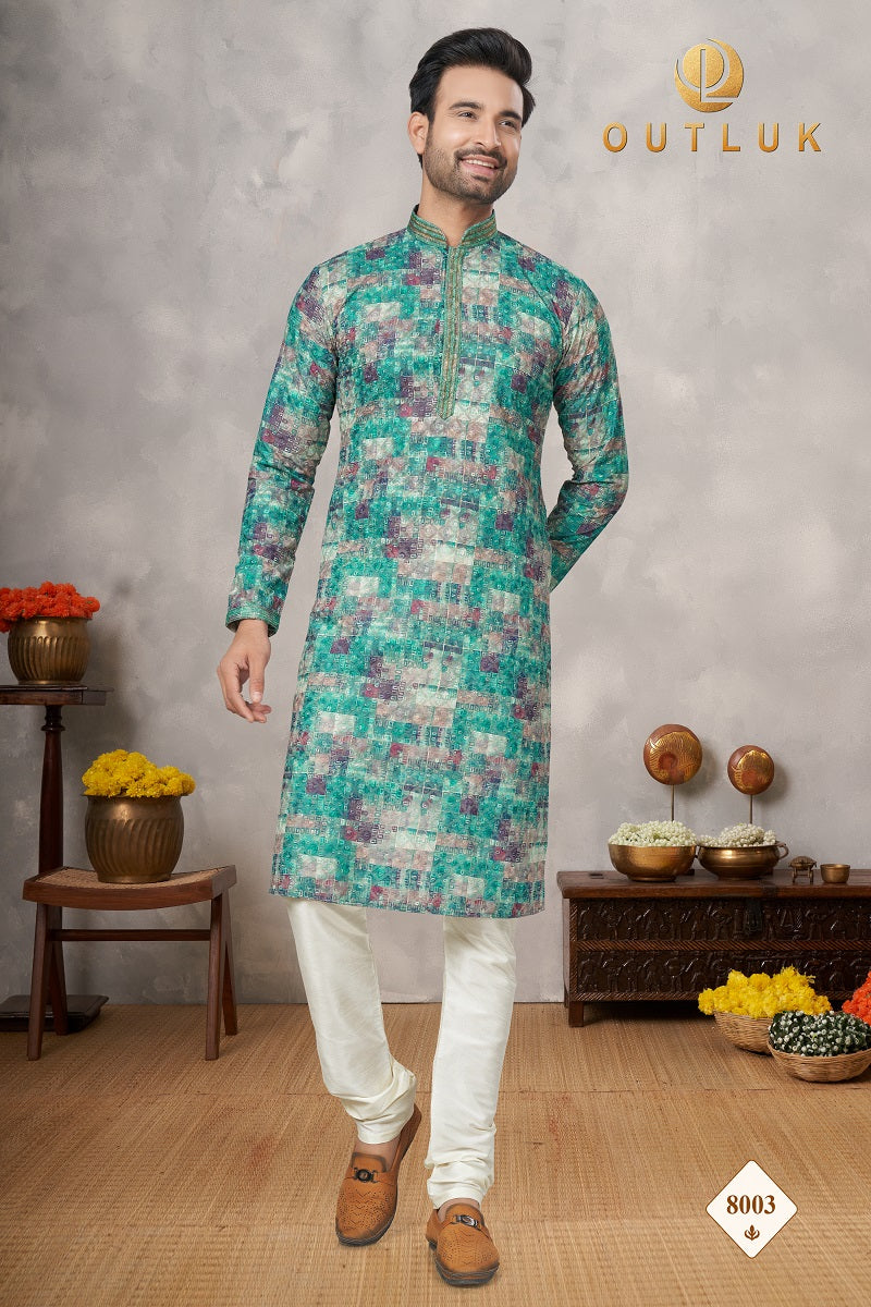 Green Cotton Mens Kurta Pajama 8003