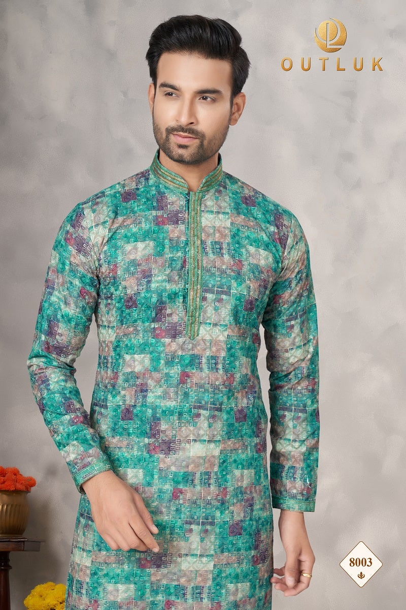 Green Cotton Mens Kurta Pajama 8003