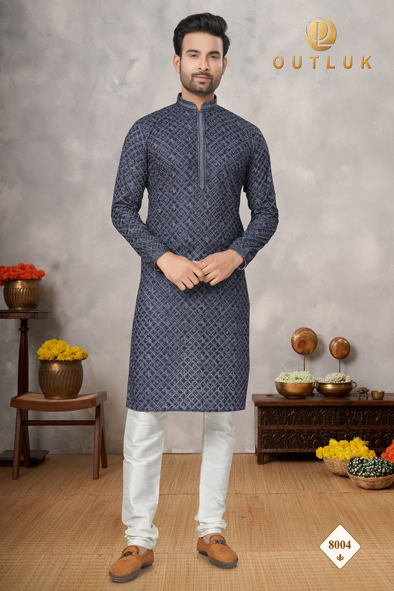 Navy Blue Cotton Mens Kurta Pajama 8004