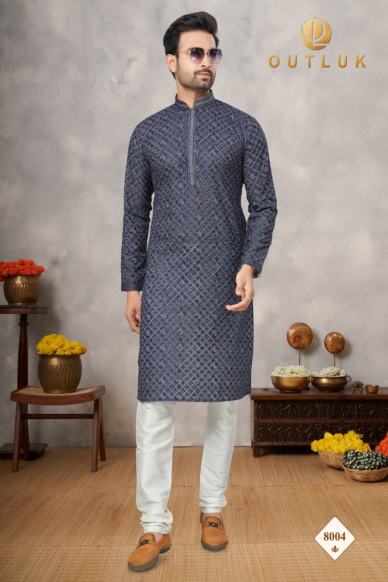 Navy Blue Cotton Mens Kurta Pajama 8004