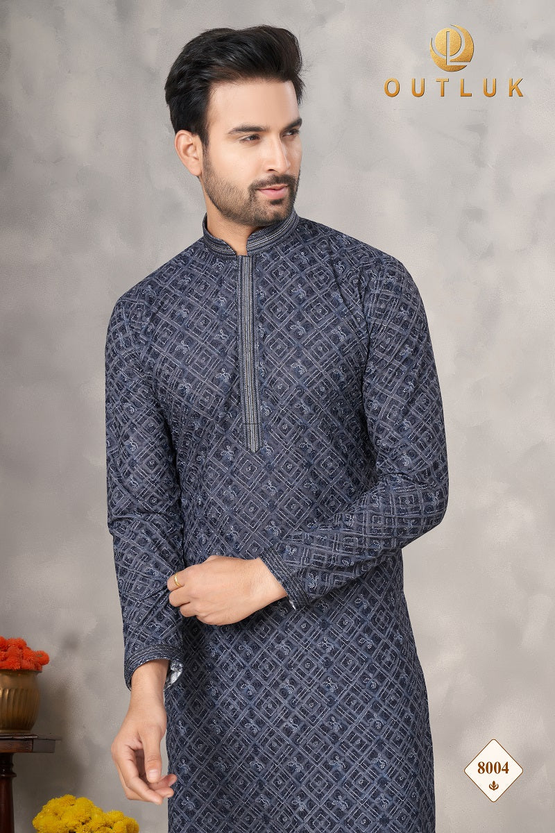 Navy Blue Cotton Mens Kurta Pajama 8004