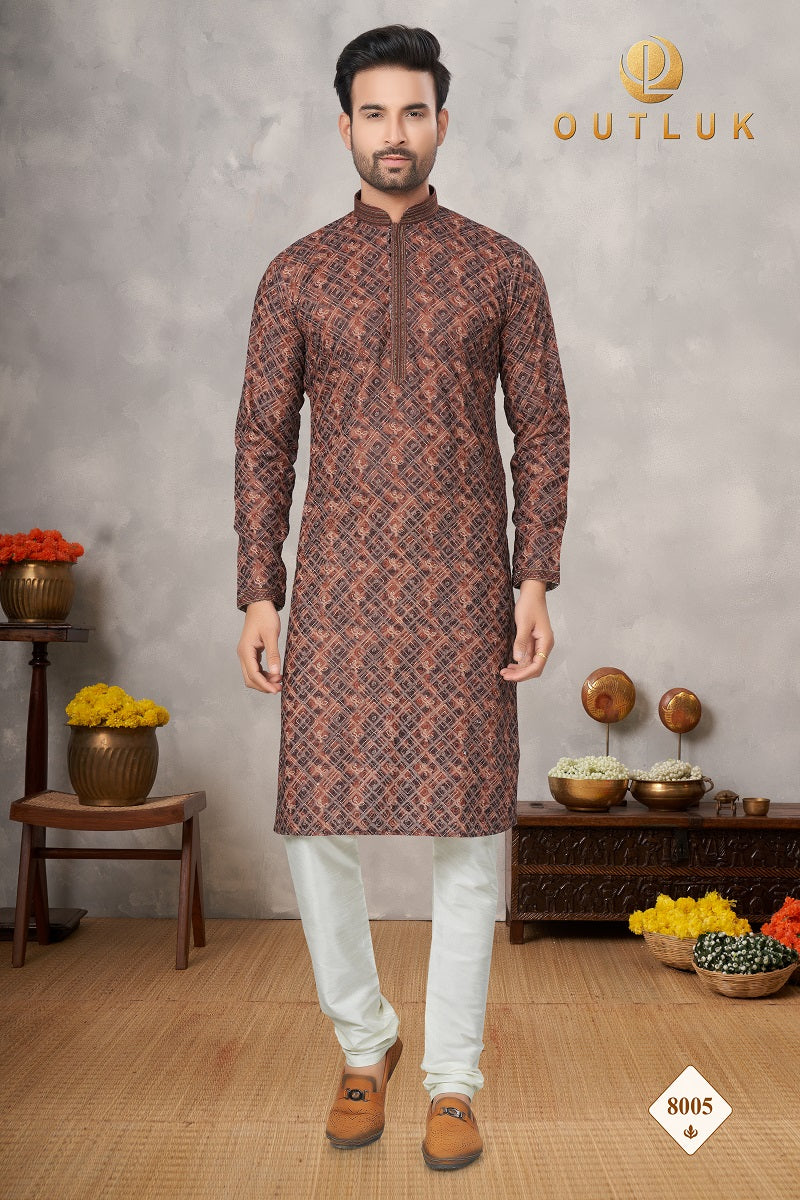 Brown Cotton Mens Kurta Pajama 8005