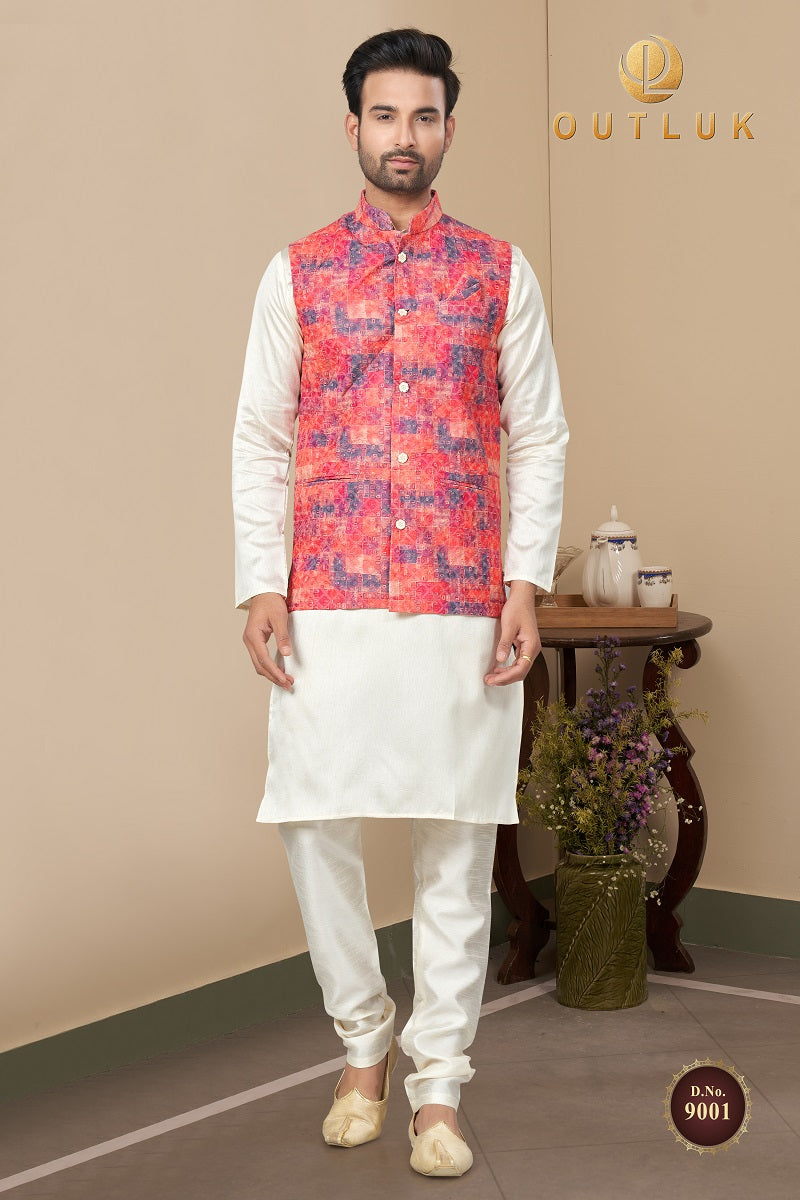 Red Cotton Mens Kurta Pajama with Jackets  9001