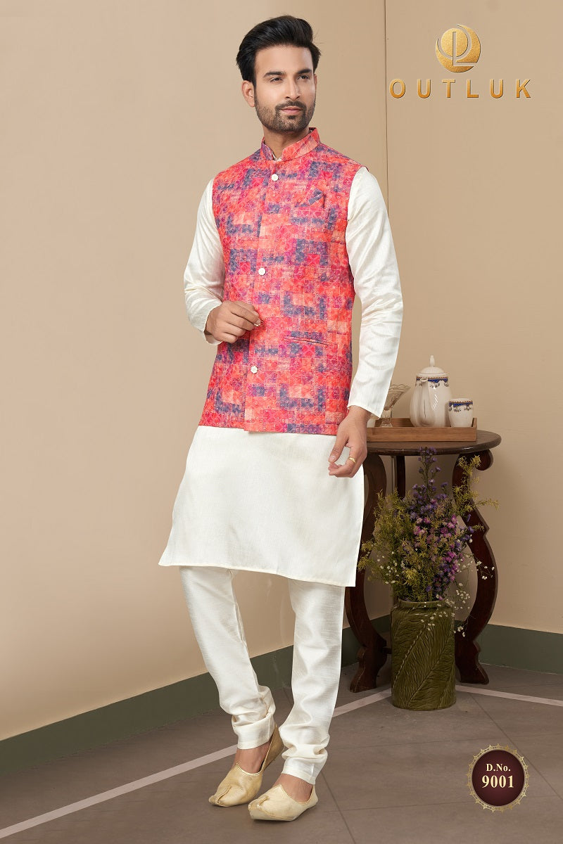 Red Cotton Mens Kurta Pajama with Jackets  9001