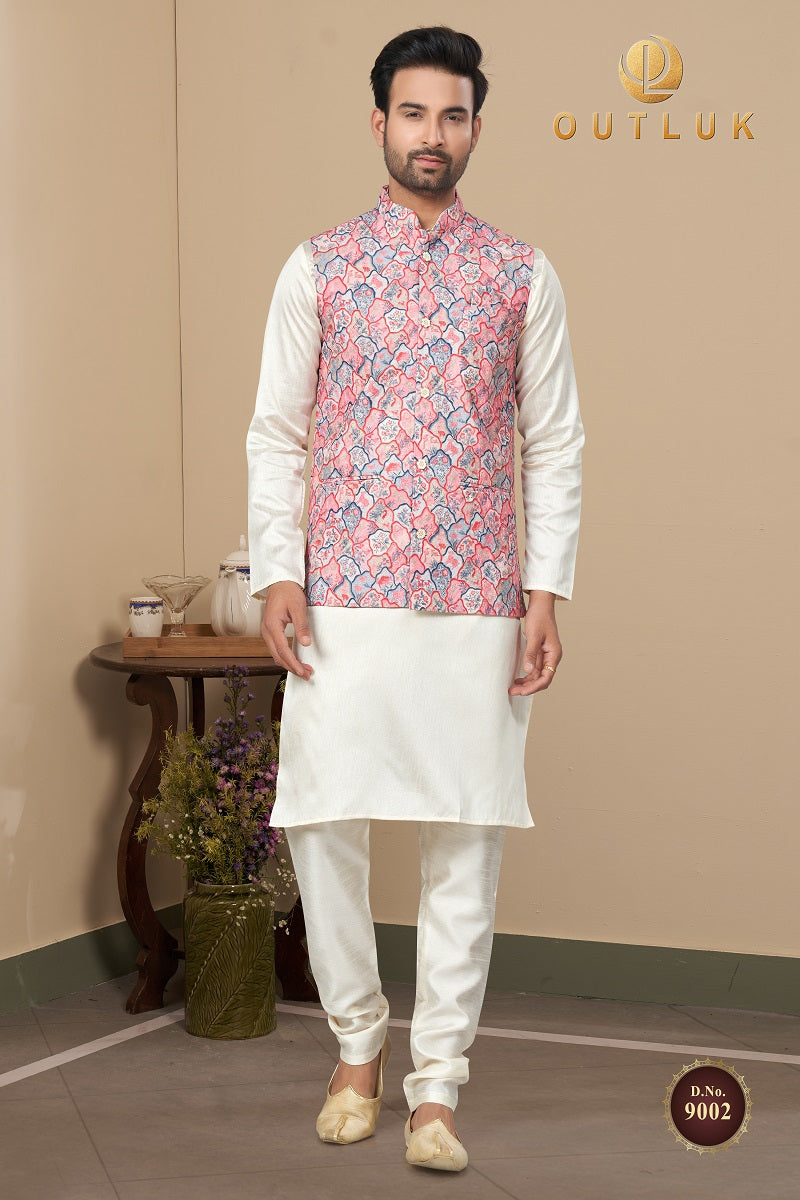 Light Red Cotton Mens Kurta Pajama with Jackets  9002