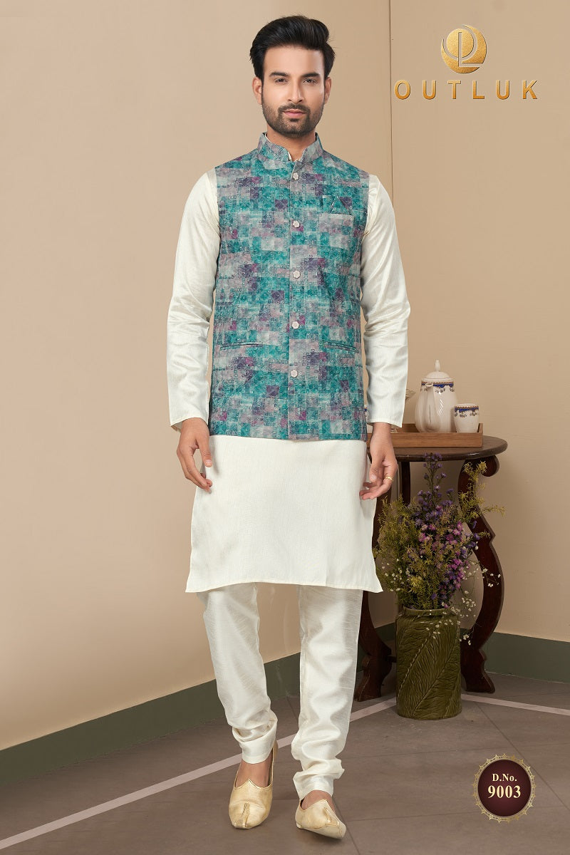 Teal Blue Cotton Mens Kurta Pajama with Jackets 9003