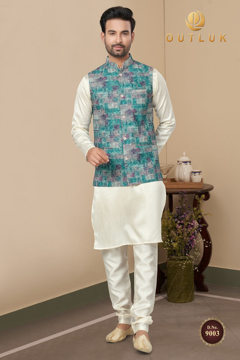 Teal Blue Cotton Mens Kurta Pajama with Jackets 9003