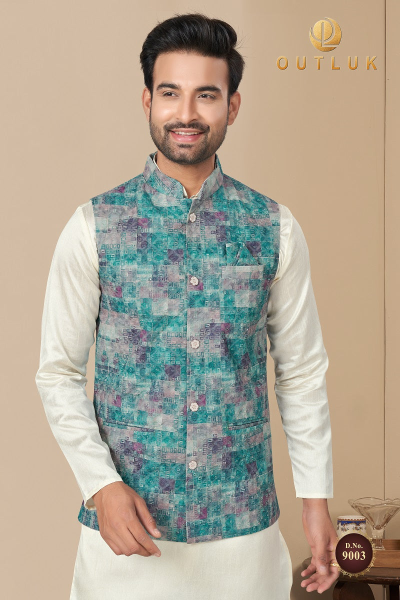 Teal Blue Cotton Mens Kurta Pajama with Jackets 9003