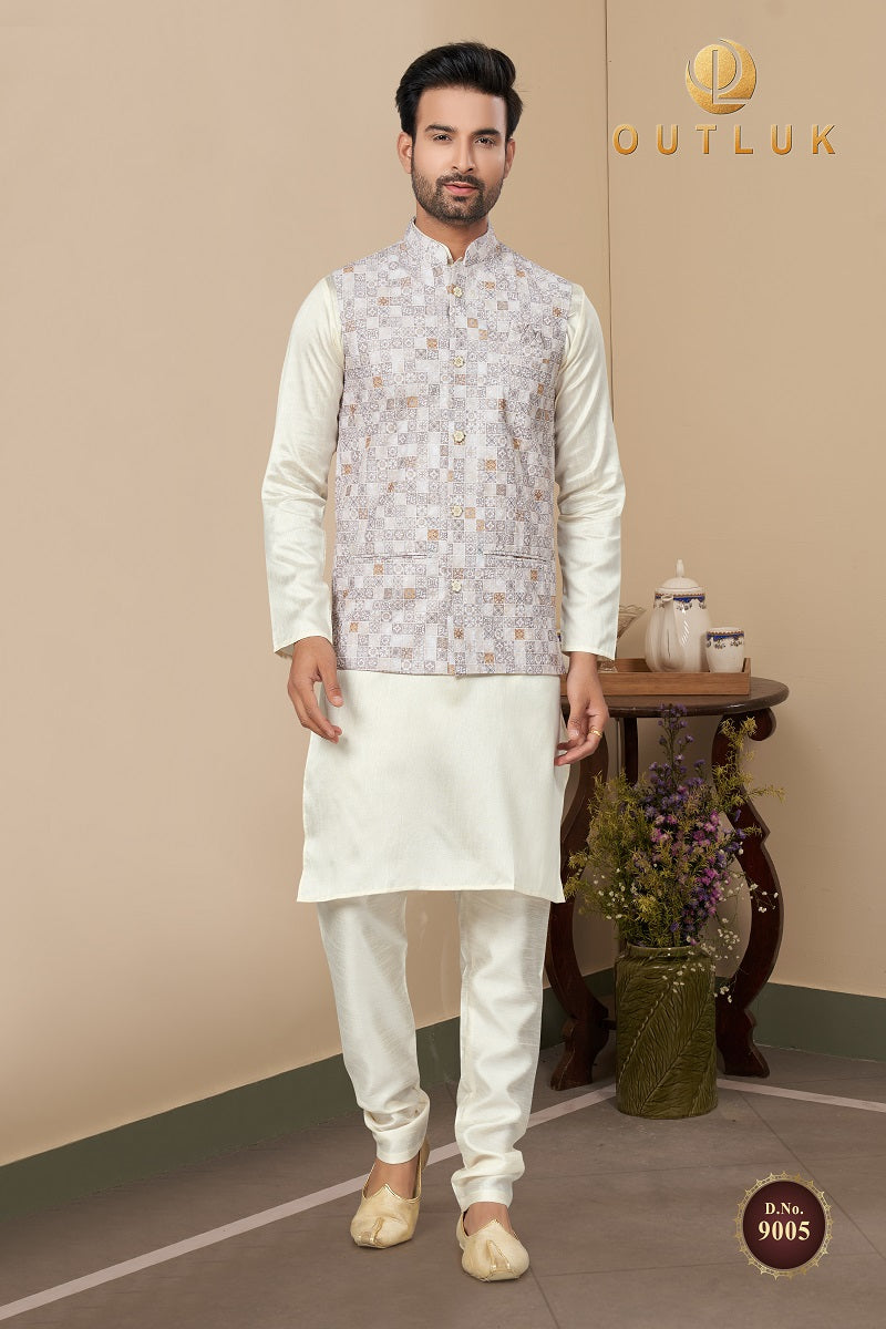 Light Grey Cotton Mens Kurta Pajama with Jackets 9005