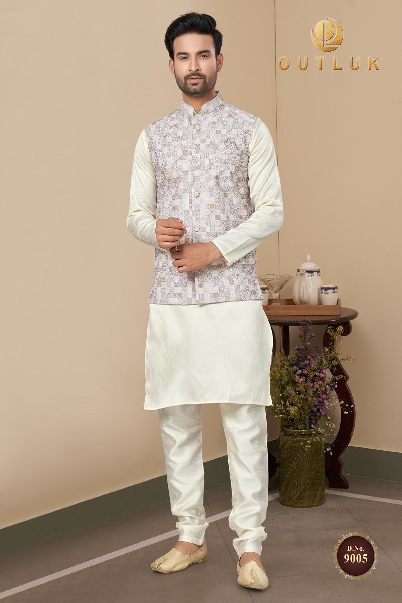 Light Grey Cotton Mens Kurta Pajama with Jackets 9005