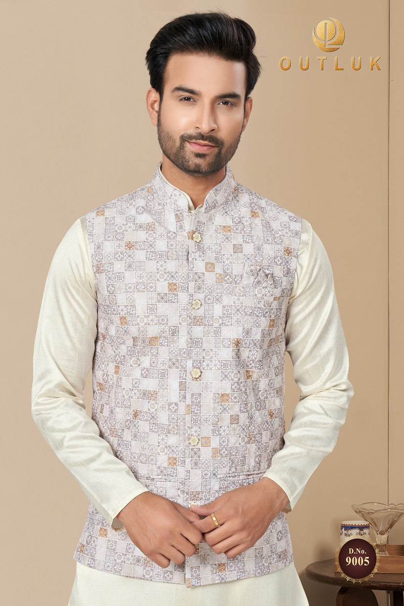 Light Grey Cotton Mens Kurta Pajama with Jackets 9005