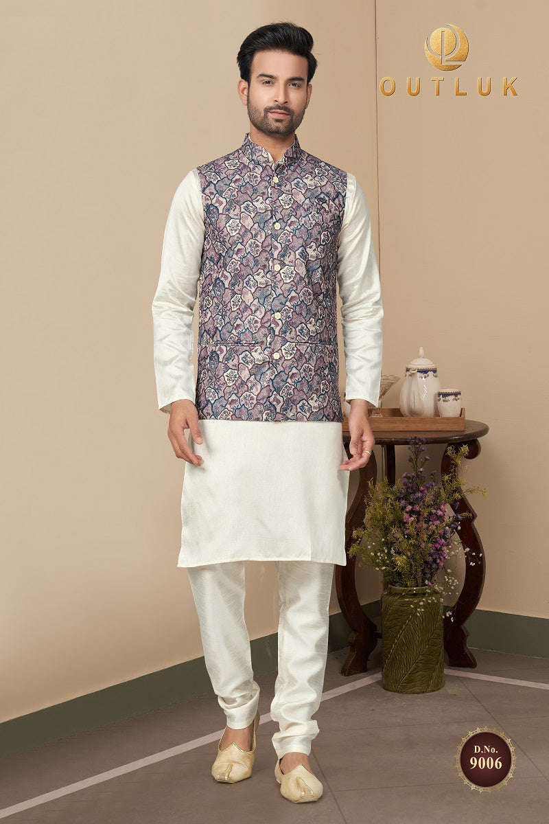 Grey Multi Cotton Mens Kurta Pajama with Jackets 9006