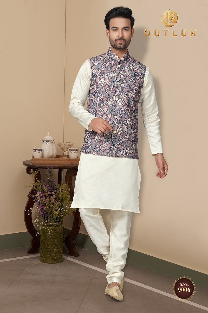 Grey Multi Cotton Mens Kurta Pajama with Jackets 9006