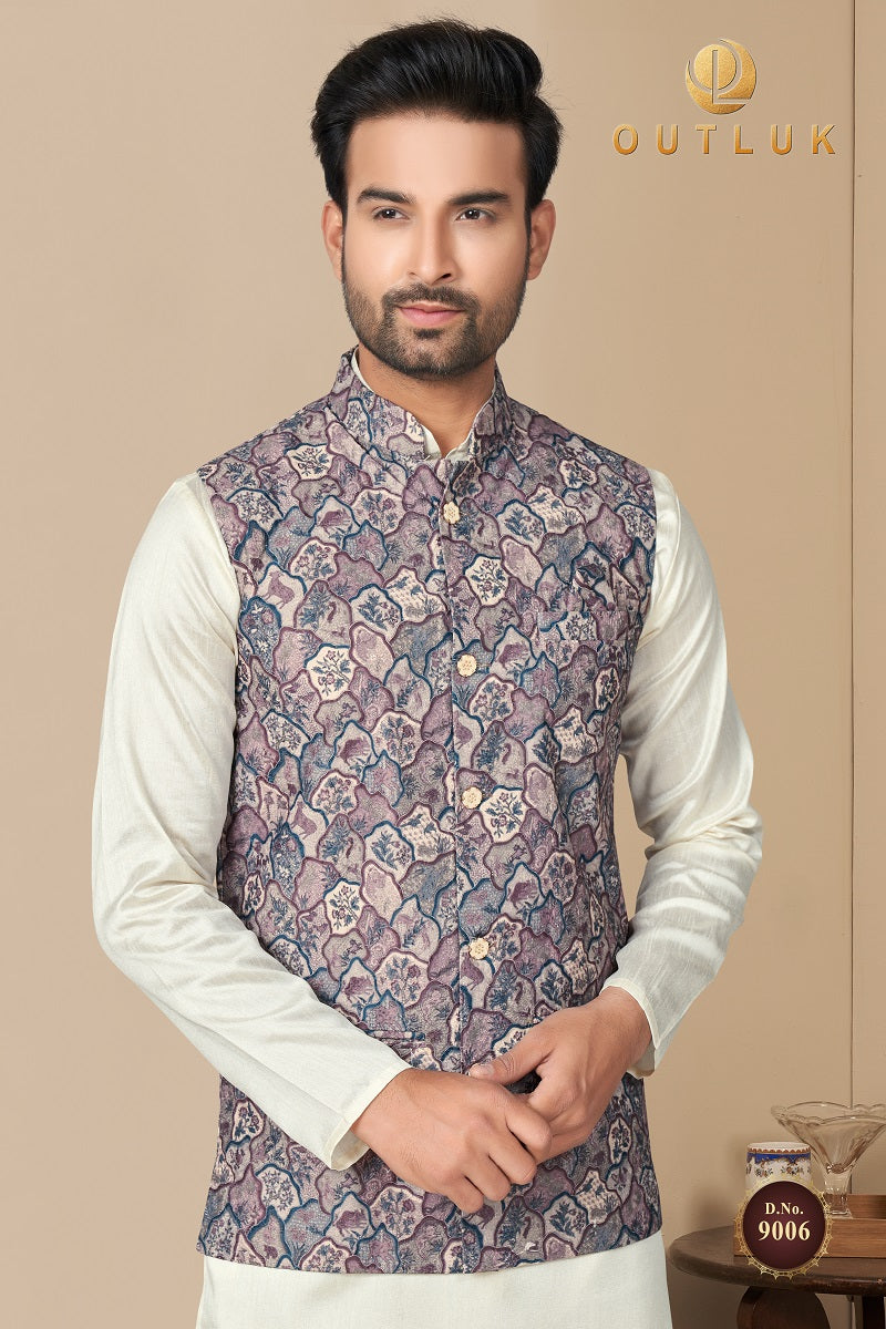 Grey Multi Cotton Mens Kurta Pajama with Jackets 9006