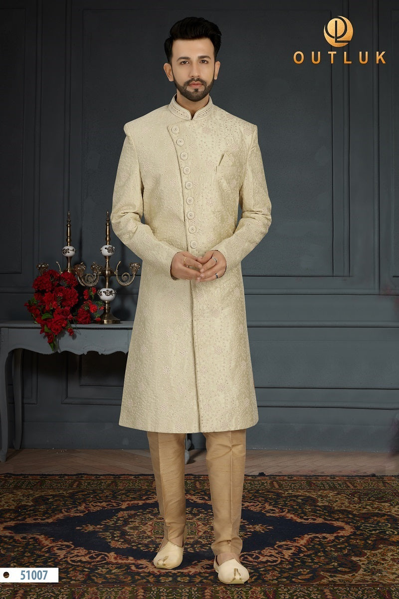 Beige Jacquard Silk Mens Sherwani 51007