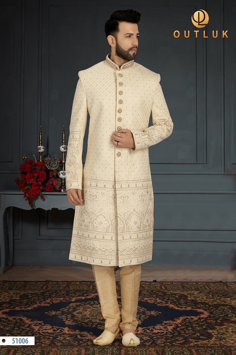 Cream Jacquard Silk Mens Sherwani 51006