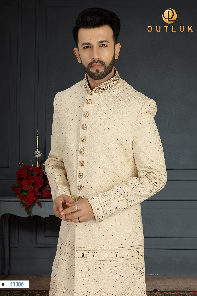 Cream Jacquard Silk Mens Sherwani 51006