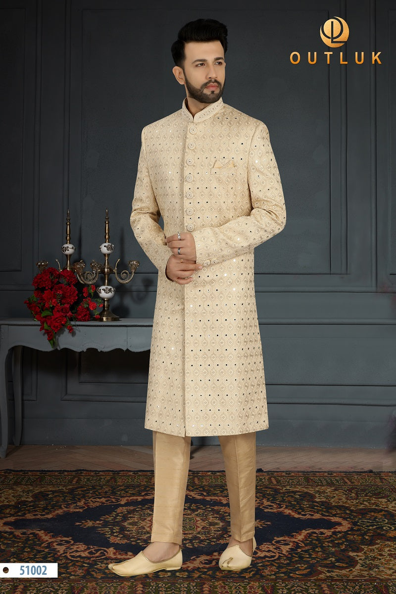 Light Gold Jacquard Silk Mens Sherwani 51002