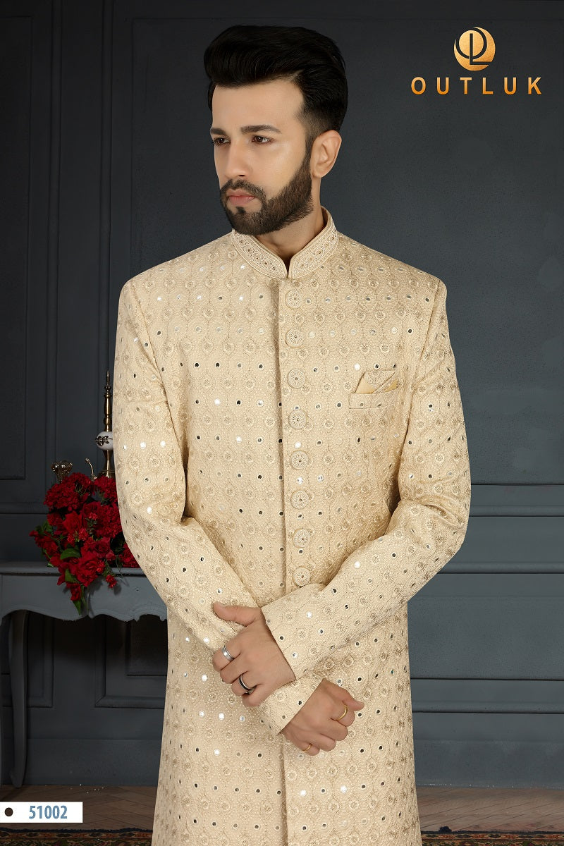 Light Gold Jacquard Silk Mens Sherwani 51002