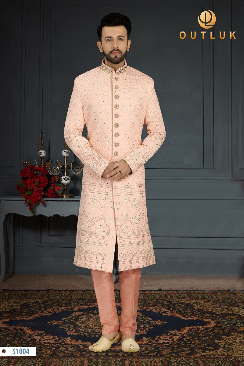 Light Pink Jacquard Silk Mens Sherwani 51004